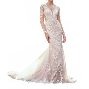 NEW LILLIAN WEST laser cut and venice lace fit and flare dress in nude/ivory/nud